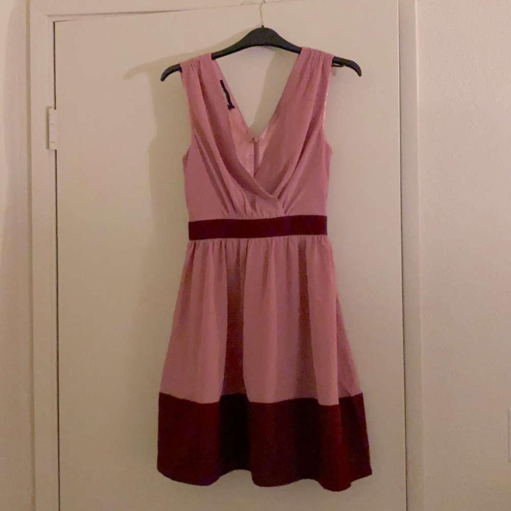 Pink/maroon color block wrap dress.